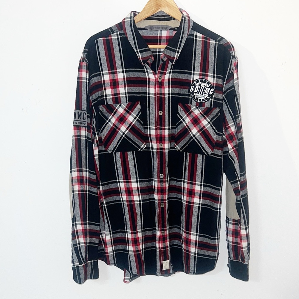Harley Davidson men’s black red white plaid patch elbow long sleeve flannel top